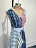 Women's Style Color Block Patchwork Striped V-Neck Slim Waist Dress