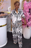 Women's African Trendy Turndown Collar Print Shirt Wide Leg Pants Set