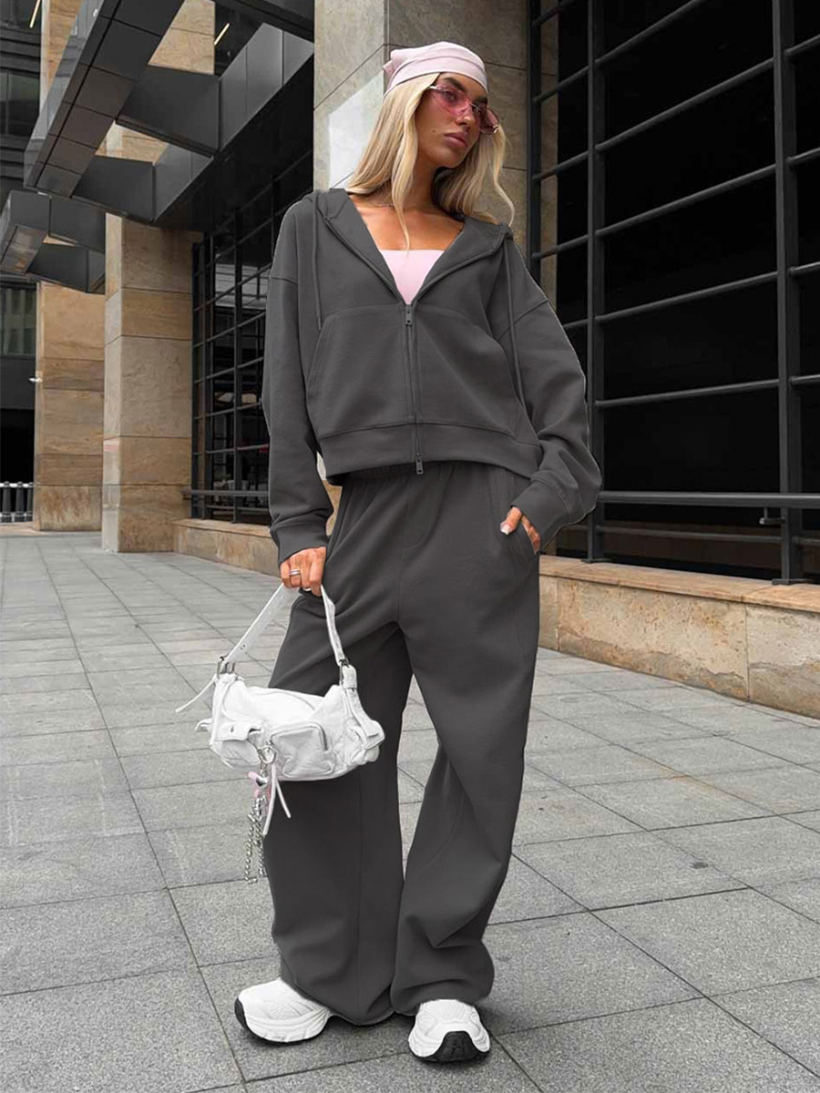 Women's Autumn Winter Zipper Hoodies Wide Leg Pants Set