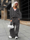 Women's Autumn Winter Zipper Hoodies Wide Leg Pants Set