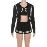 Women's Autumn Winter Fashion Long Sleeve Turndown Collar Slim Fit Shorts Set
