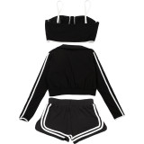 Women's Autumn Winter Fashion Long Sleeve Turndown Collar Slim Fit Shorts Set