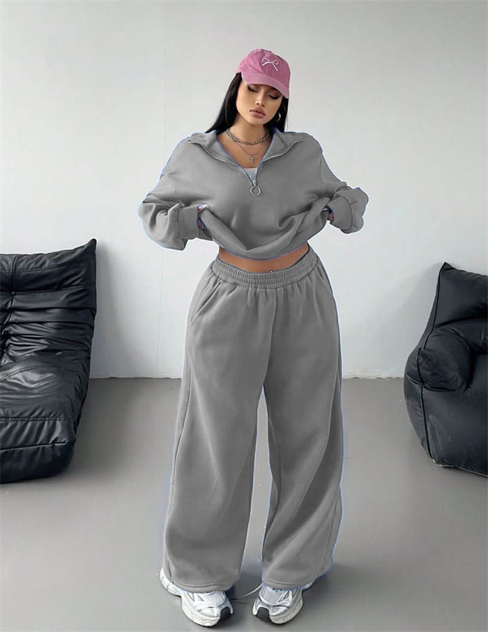 Women's Autumn Winter Casual Zipper Pullover Top Pants Set