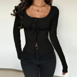Women's Autumn Winter Sexy Tie Front Shirt Button Cut-Out Crop Long Sleeve U-Neck T-Shirt