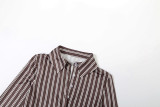 Women's Autumn Winter Fashion Striped Long Sleeve Turndown Collar Button Front Bodycon Skirt Set