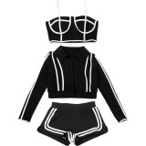 Women's Autumn Winter Fashion Long Sleeve Turndown Collar Slim Fit Shorts Set