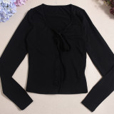 Women's Autumn Winter Sexy Tie Front Shirt Button Cut-Out Crop Long Sleeve U-Neck T-Shirt