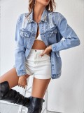 Women's Style Pearl Beaded Button Denim Jacket
