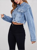 Women's Cropped Long Sleeve Beaded Ripped Denim Jacket
