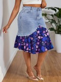 Women's Plus Size Fashion Floral Patchwork Denim Skirt