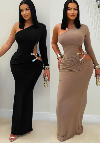 Women's Fashion Sexy Slash Shoulder One Sleeve Slim Fit Dress