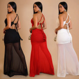 Women's Fashion Sexy Slash Shoulder See-Through Mesh Low Back Dress
