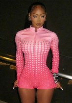 Women's Autumn Winter Fashion Print Long Sleeve Stand Collar Zipper Slim Jumpsuit