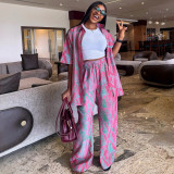 Plus Size African Women Turndown Collar Print Shirt and Wide-Leg Pants Two-Piece Set