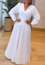 Women Solid V-Neck Puff Sleeve Pleated Button Patchwork Casual Dress