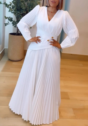 Women Solid V-Neck Puff Sleeve Pleated Button Patchwork Casual Dress