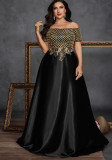 Plus Size Women Sequin Embroidered Contrast Color Off-Shoulder Short-Sleeve Elegant Evening Dress
