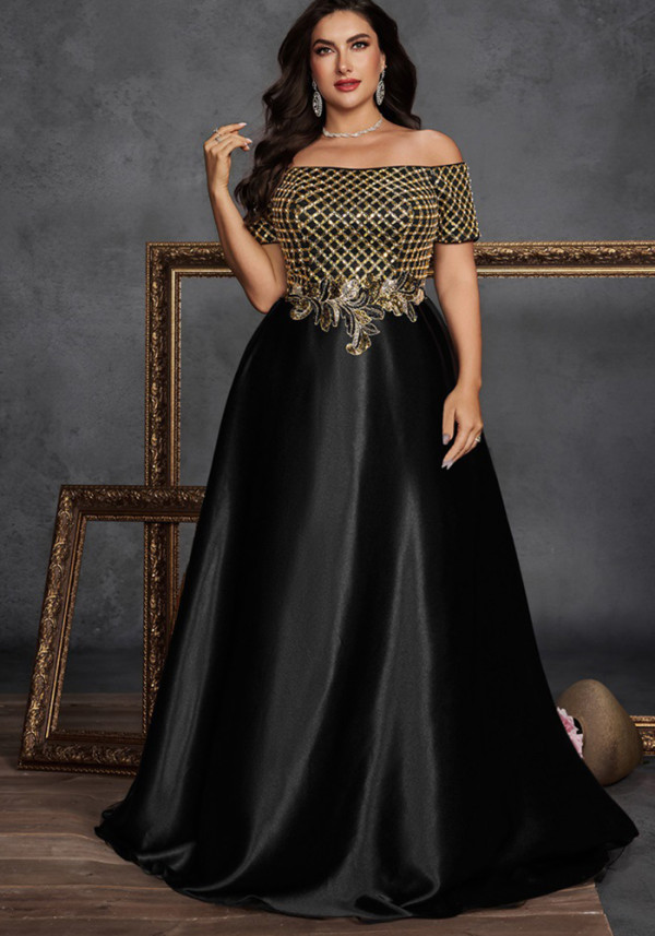 Plus Size Women Sequin Embroidered Contrast Color Off-Shoulder Short-Sleeve Elegant Evening Dress