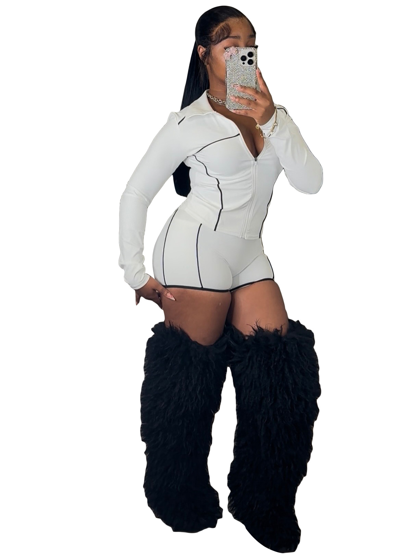Women Zippered Long-Sleeved Thumb-Click Athletic Two-Piece Top and Shorts