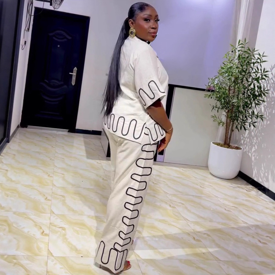 Plus Size African Women Two-Piece Turndown Collar Casual Shirt and Pants Two-Piece Set