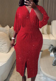 Women Red Velvet Beaded Lantern-Sleeved V-Neck Maxi Dress