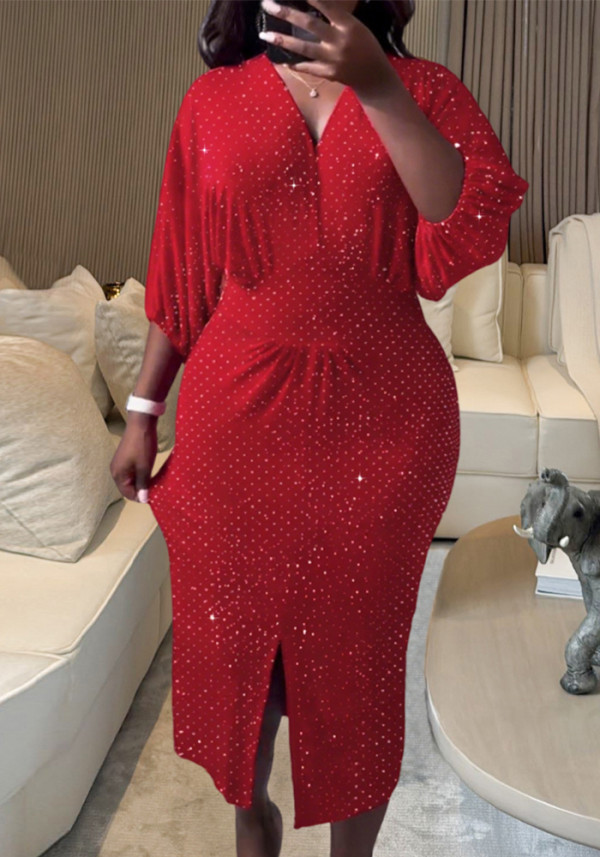 Women Red Velvet Beaded Lantern-Sleeved V-Neck Maxi Dress