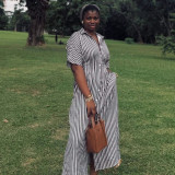 Plus Size African Women Short Sleeve Turndown Collar Striped Maxi Dress