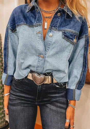 Women Colorblock Long-Sleeved Patchwork Denim Jacket