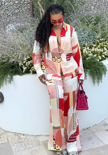 Plus Size African Women Elegant Printed Shirt and Pants Two-Piece Set