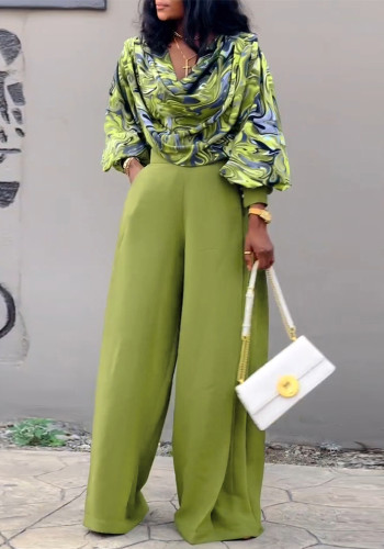 Women Green Printed Long-Sleeved Swing-Neck Top and Pleated Wide-Leg Bell Bottom Pant Two-Piece Set