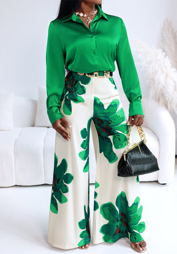Women Long-Sleeved Shirt and Floral Wide-Leg Bell Bottom Pant Two-Piece Set (No Belt)