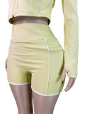Women Zippered Long-Sleeved Thumb-Click Athletic Two-Piece Top and Shorts