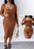 Women Square-Neck Long-Sleeved Fitted Ribbed Dress