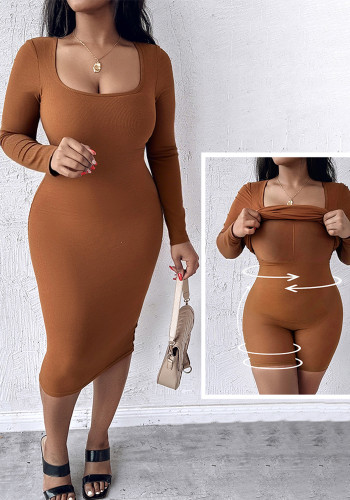 Women Square-Neck Long-Sleeved Fitted Ribbed Dress