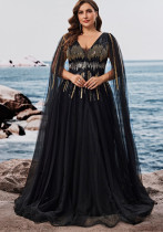 Plus Size Women Elegant Mesh Embroidered Sequin Evening Dress