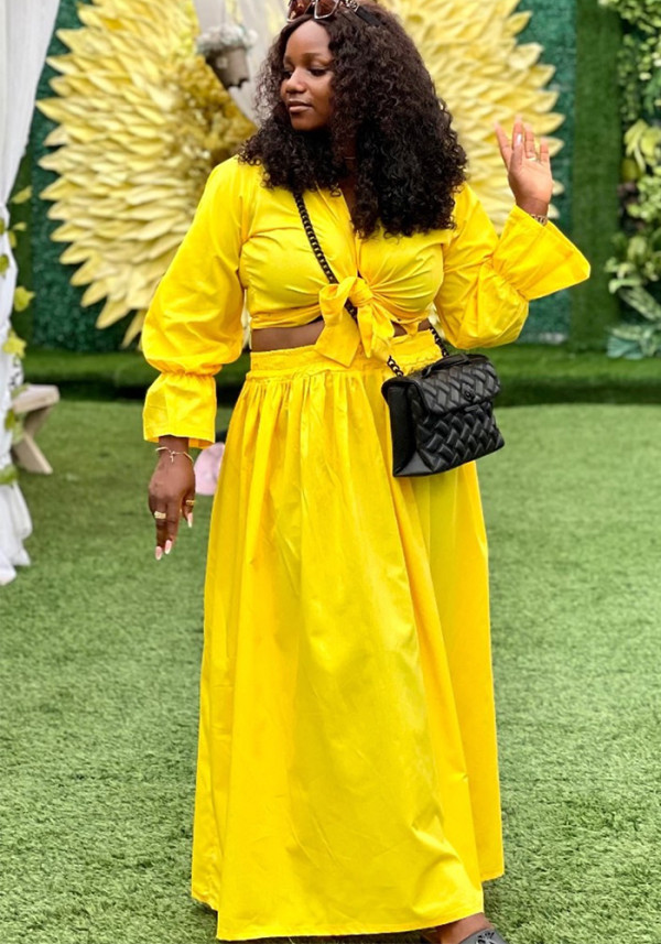 Women Sexy Two-Piece Solid Turndown Collar Bell Bottom Sleeve Shirt and Skirt Two-Piece Set