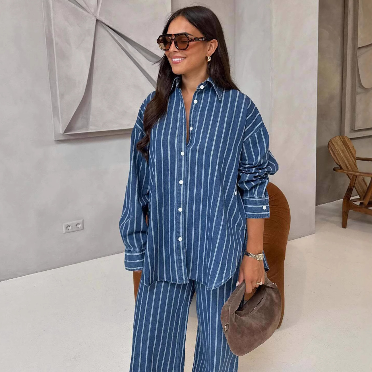 Plus Size African Women Long Sleeve Casual Turndown Collar Striped Shirt and Pants Two-Piece Set