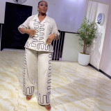 Plus Size African Women Two-Piece Turndown Collar Casual Shirt and Pants Two-Piece Set