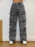 Women Casual Cargo Denim Pant with Diamond Pockets