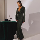 Women Sexy V-Neck Gathered Lace-Up Long-Sleeved Bodycon Maxi Dress