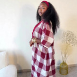 Plus Size African Women Plaid Short Sleeve Maxi Dress
