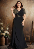 Plus Size Women Sequin Embroidered Patchwork V-Neck Short-Sleeve Elegant Evening Dress