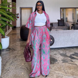 Plus Size African Women Turndown Collar Print Shirt and Wide-Leg Pants Two-Piece Set