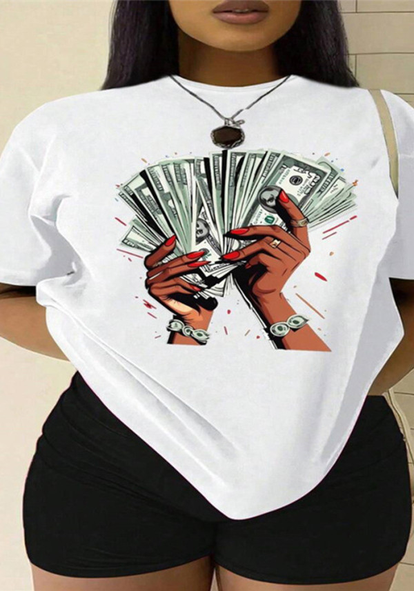 Women Round Neck Print Short-Sleeved T-Shirt