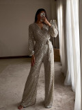 Women Solid V-Neck Long-Sleeved Sequin Jumpsuit