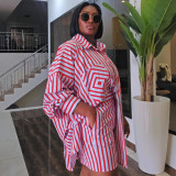 Plus Size African Women Striped Long Sleeve Backless Shirt and Shorts Two-Piece Set
