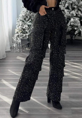 Women Casual Cargo Denim Pant with Diamond Pockets