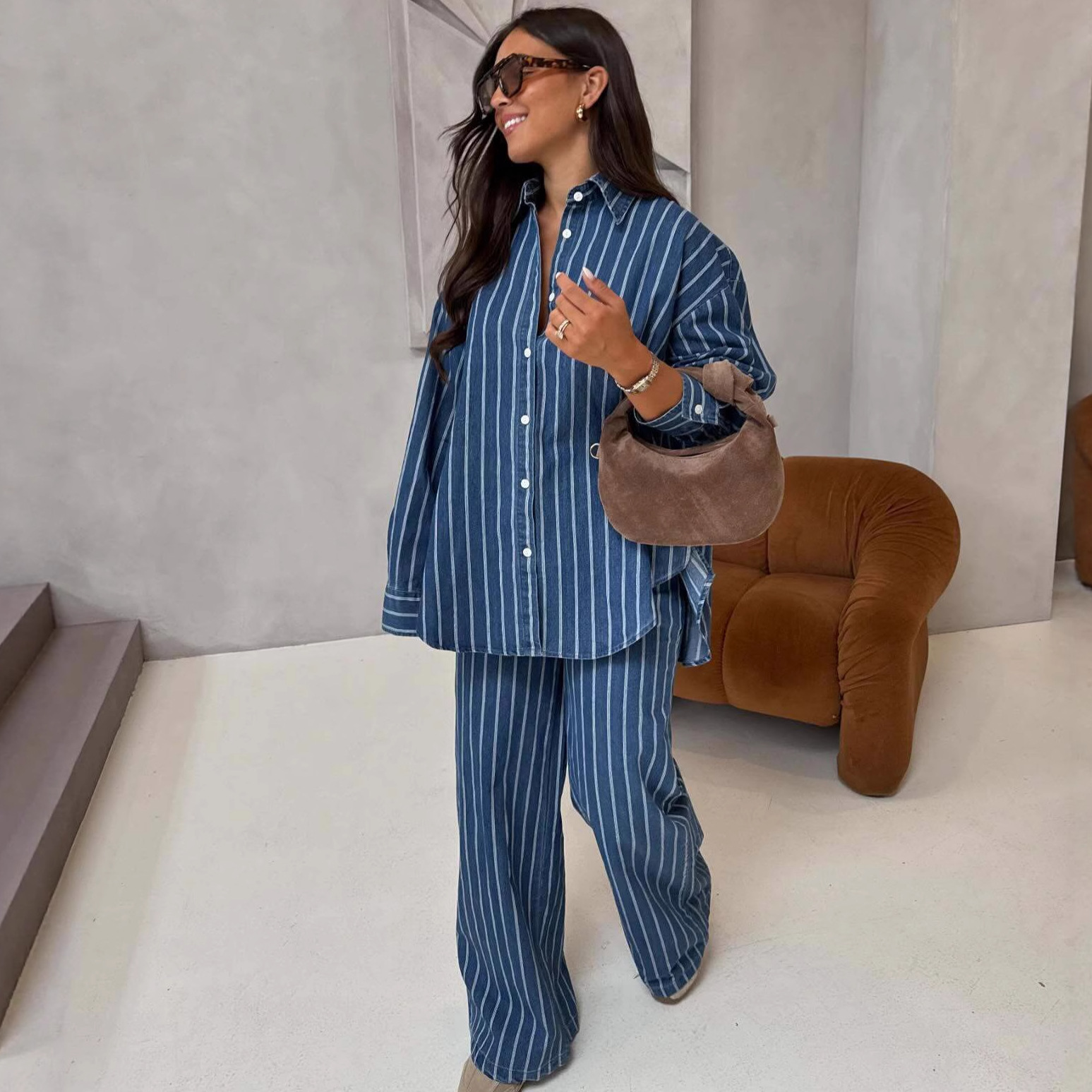 Plus Size African Women Long Sleeve Casual Turndown Collar Striped Shirt and Pants Two-Piece Set