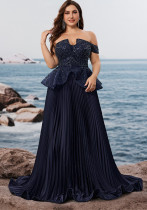 Plus Size Women Elegant Sequin Patchwork Strapless Off-Shoulder Evening Dress