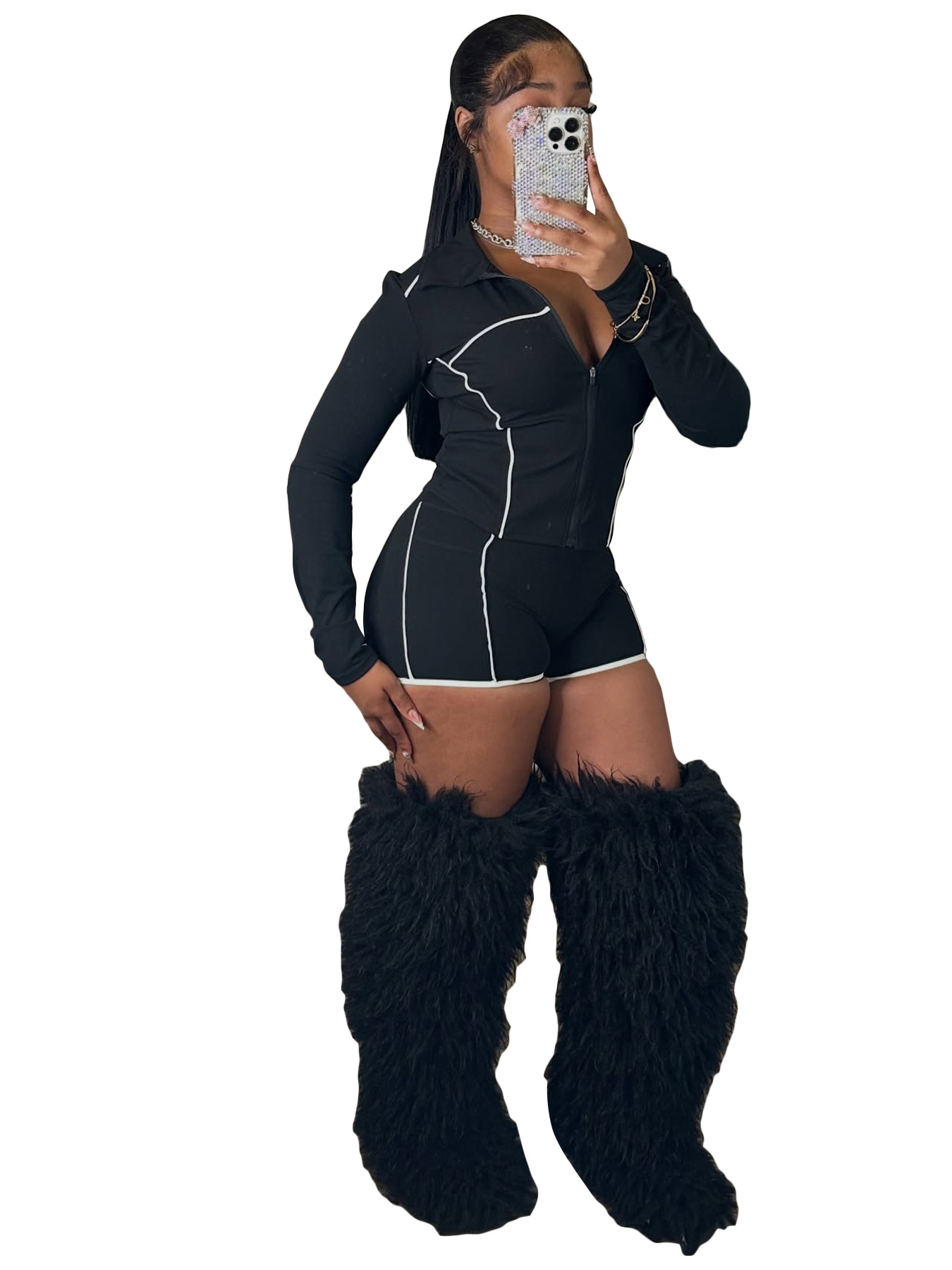 Women Zippered Long-Sleeved Thumb-Click Athletic Two-Piece Top and Shorts